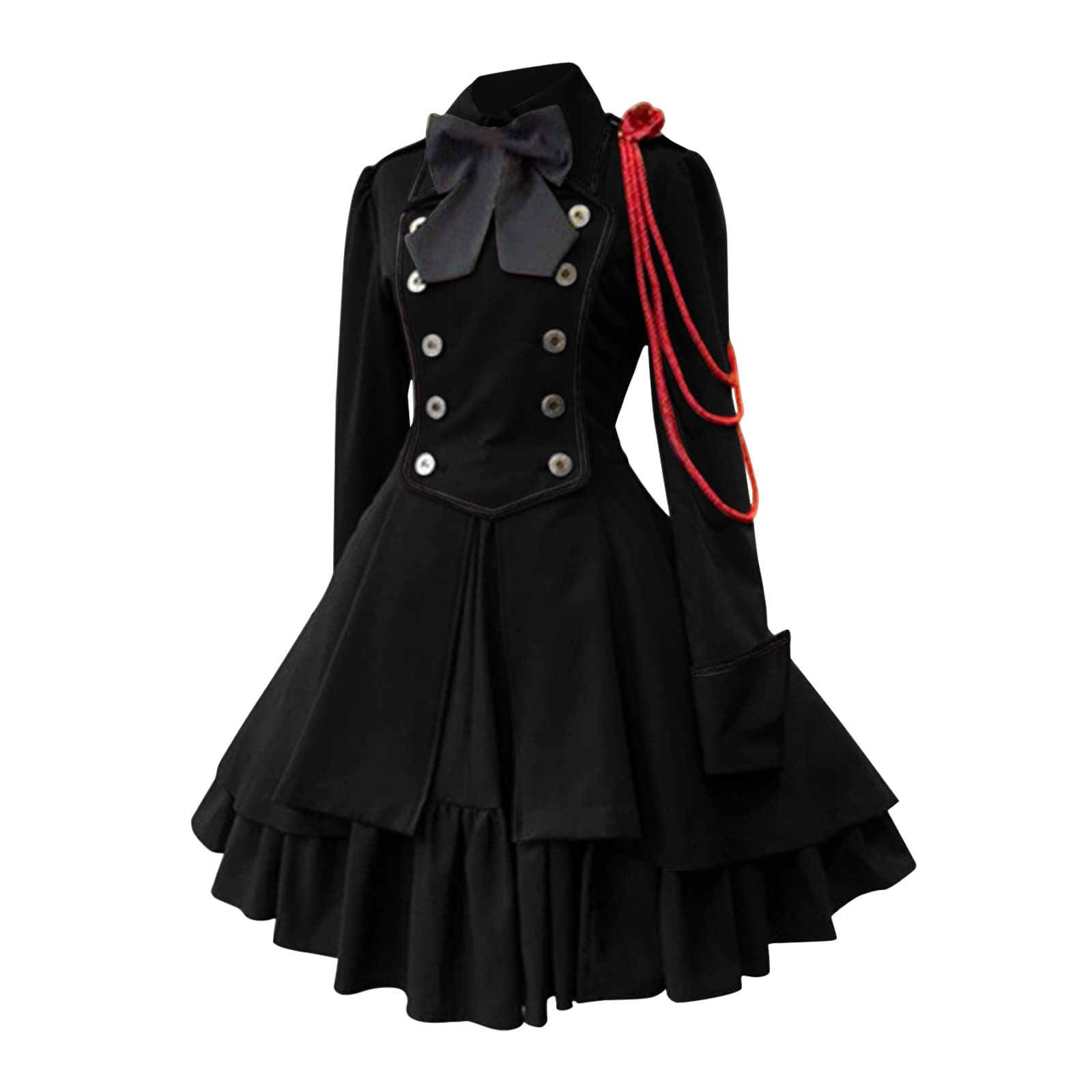 Dresses for Women UK Steampunk Gothic Dress Court Collar Long Sleeve Ruffled Patchwork Long Skirts Medieval Vintage Halloween Party Dresses,Lolita Gothic Vintage Bow Ruffle Steampunk Dress Black โ image 1