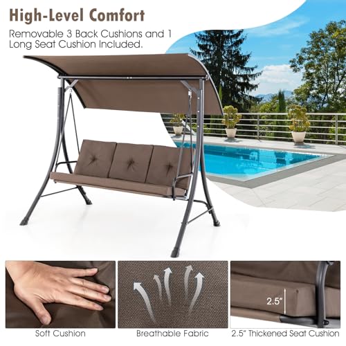 Image of Tangkula 3 Person Porch Swing, Outdoor Swing with Removable Cushions, Solid Steel Structure, Patio Swing with Adjustable Canopy for Garden, Backyard, Balcony, Poolside