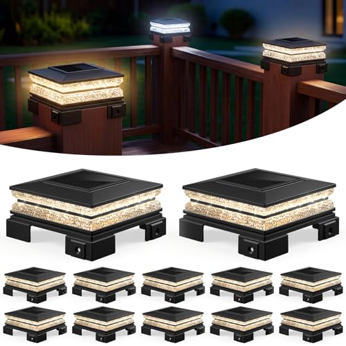 APONUO Solar Post Cap Lights Outdoor, 3 CCT& 2 Brightness Deck Post Lights Solar Powered for 4x4 5x5 6x6 Vinyl Wooden Posts, Waterproof Dusk to Dawn Fence Deck Lights for Patio Garden, Black, 12-Pack