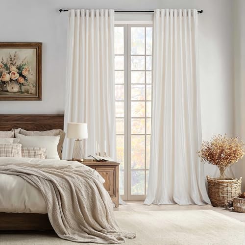 Image of 100% Blackout Ivory Off White Velvet Curtains 108 inch Long for Living Room,Set of 2 Panels Liner Rod Pocket Back Tab Thermal Window Drapes Room Darkening Heavy Decorative Curtains for Bedroom