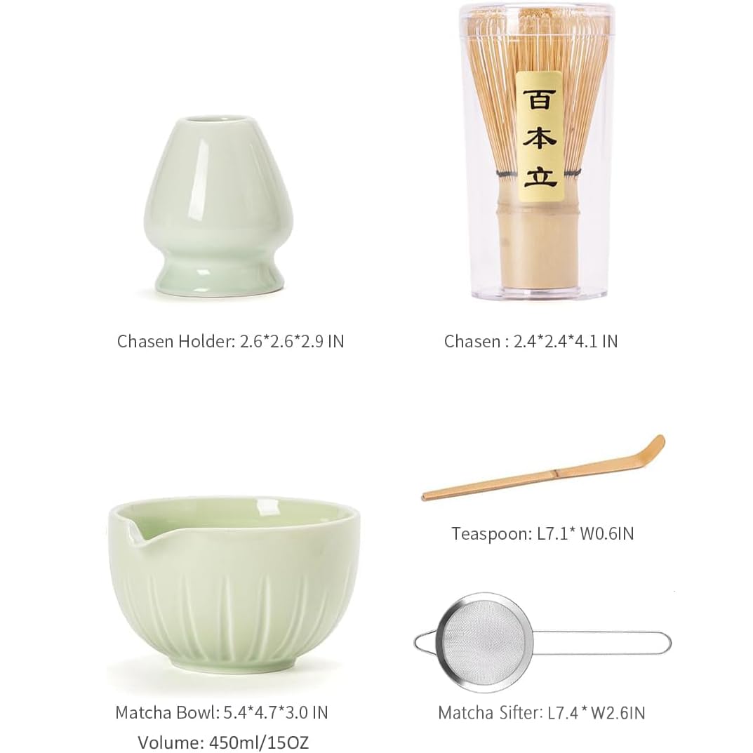 TANG PIN Matcha Set - Match Bowl and Whisk, 15 OZ, Matcha Scoop | Matcha Whisk Stand (Chasen Holder) - 5pc Perfect Matcha Kit for Matcha Tea Ceremony (): Green