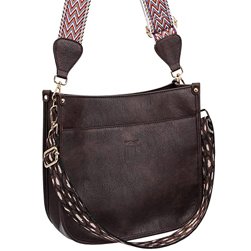 Image of HKCLUF Crossbody Bags for Women Trendy Vegan Leather Hobo Handbags With 2PCS Adjustable Guitar Strap Shoulder Bucket Bags