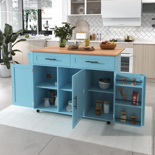 HYUB Isla de cocina con ruedas con encimera plegable, isla de cocina independiente con 2 cajones y toallero, carrito multifuncional con gran espacio de almacenamiento, color azul
