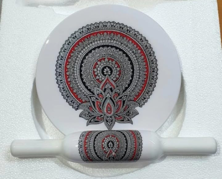 Samyuktha Printed Marble chakla belan | White chakla belan Red and Black Pattern with a Lotus Design | Marble Chakla (25X25cm)