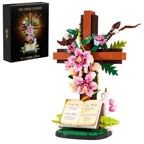Jesus Cross Flower Building Set, Religious Cross Collectibles Compatible with Lego Jesus Catholic Building Toys, Easter, Christian, Birthday Gifts for Mothers, Women or Adults (568 PCS)