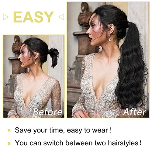 Stamped Glorious Long Corn Wave Ponytail Extension Magic Paste Heat Resistant Wavy Synthetic Wrap Around Ponytail Black Hairpiece For Women (24 Inch, 24 Inch-Black) #TOP1