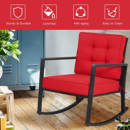 Tangkula Wicker Rocking Chair, Outdoor Glider Rattan Rocker Chair With Heavy-Duty Steel Frame, Patio Wicker Furniture Seat With 5” Thick Cushion For Garden, Porch, Backyard, Poolside (1, Red) #TOP6