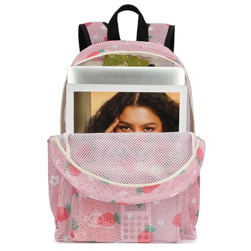 Strawberry Mesh Backpack for Girls Women, Semi-Transparent Kids School Backpack College Bookbag for Beach Gym Travel2