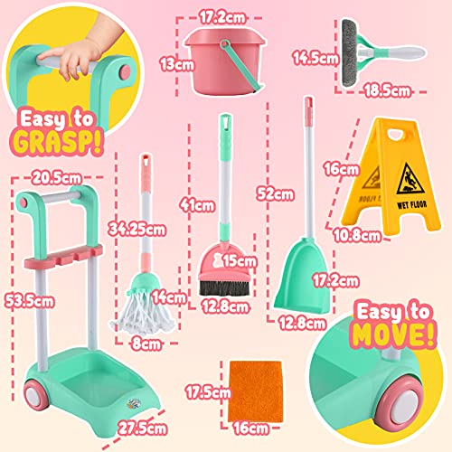 KLT New Upgraded Kids Cleaning Set for Toddlers, Stable Pretend Play Housekeeping Cart, Kids Cleaner Kitchen Toys, Cleaning Supplies Tools for Kids Boy Girl with Kids Broom Mop Dustpan Set
