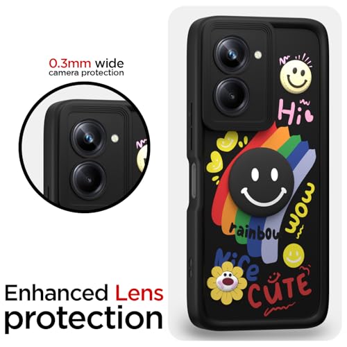 Image of Pikkme Back Cover for Realme 10 Pro 5G | Soft Silicone| Cute Rainbow Smile & 3D Cartoon Flower Design | Shockproof Raised Camera Protection Bumper Case (Black)