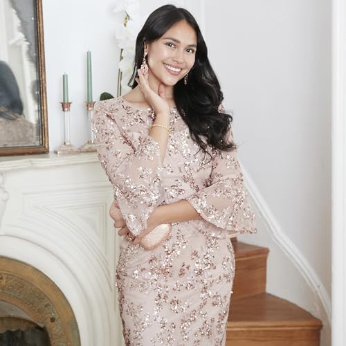 Alex Evenings Women's Short Shift Cocktail Gown with Bell Sleeves, Formal Events, Wedding Guest Dress4