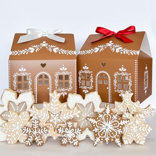 Karentology 20 Pcs Gingerbread House Shaped Gift Boxes for Treats Desserts Fancy Cookie White Gable Bakery Packaging for Housewarming Holiday Christmas Valentines Halloween