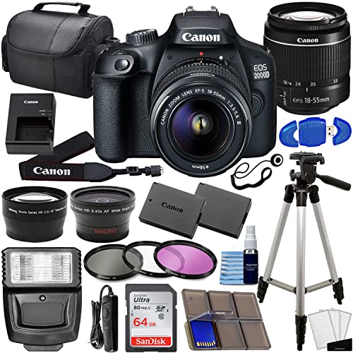 Canon EOS 2000D (Rebel T7) DSLR Camera with EF-S 18-55mm f/3.5-5.6 DC III Lens 3 Kit Bundled Complete Photo Bundle + 64GB Card Extra Battery 3PC Filter More (Renewed) Black