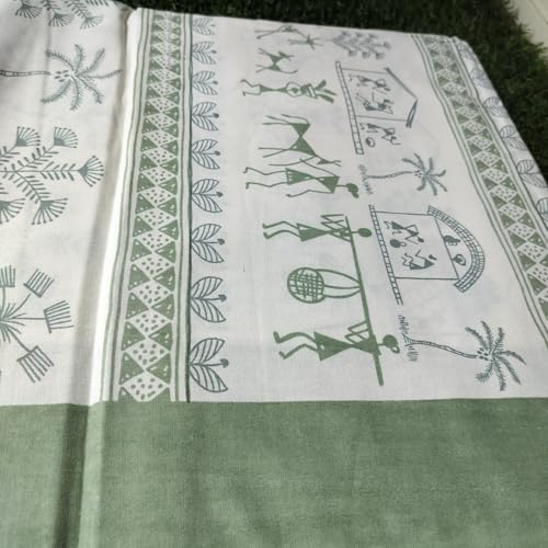 Image of YOKSH Handlooms - Premium Jaipuri 100% Cotton 240 TC|SuperKing Jumbo Size 120x120 INCH,10x10 FEET|Sides-Stitched Flat BEDSHEET|2 Flap Pillow Covers|AZO-Free Colors (Pista White Warli Print 1204)