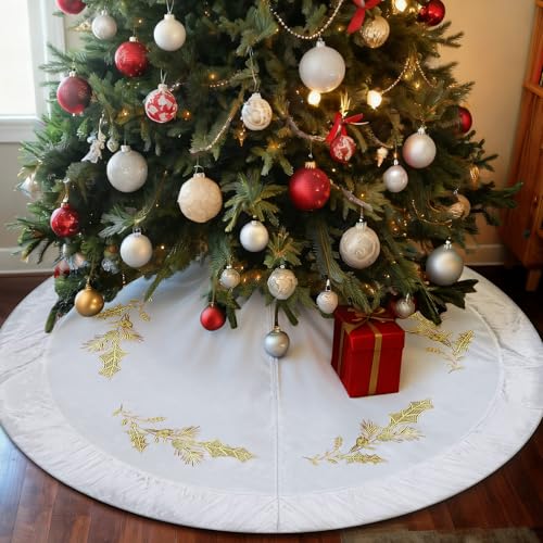 QIJISTORM 48 Inches Christmas White Velvet Tree Skirt Decorations White Luxury Fur Plush Skirts with Gold Embroidered Holly for Xmas Wedding Rustic Vintage Party Holiday Home