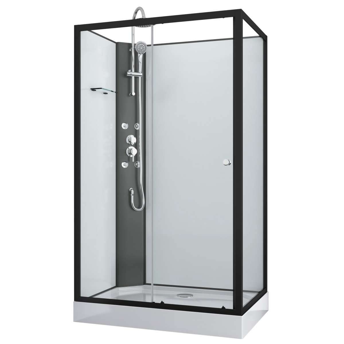 Cabina de ducha completa Viva 1, color negro, 120 x 80 x 225 cm, puerta corredera, chorros de masaje, cristal de seguridad, con plato de ducha, cabina de ducha completa