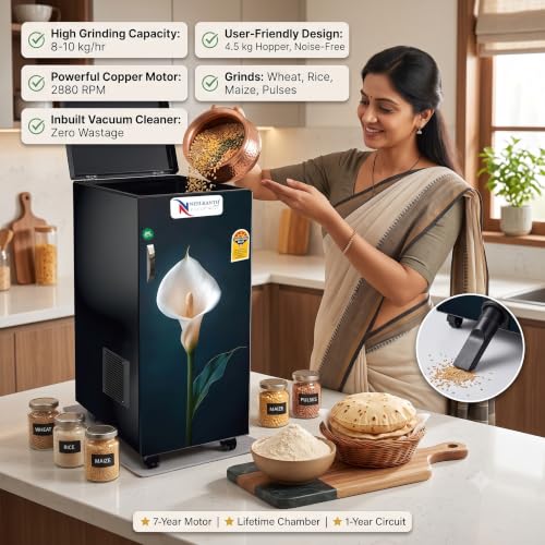 Image of Fully Automatic Domestic Atta Chakki Flour Mill with Inbuilt Vacuum | 8-10 Kg /Hr Grinding | 4.5 Kg Hopper | 2880 RPM Motor | Grinds 50+ Grains & Spices | 7-Year Motor & Lifetime Chamber Warranty