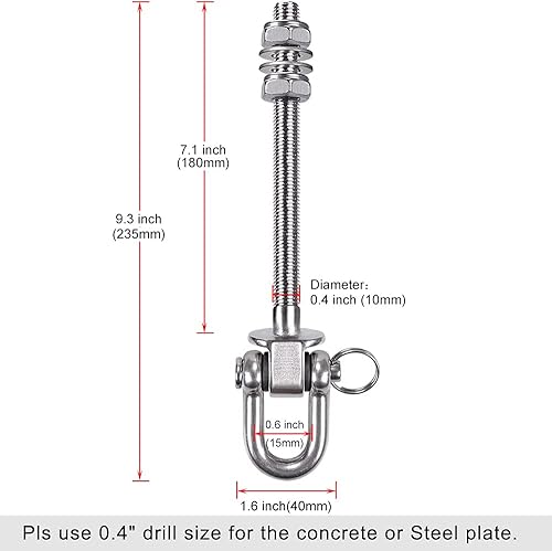 Miniatura 7 de SELEWARE Juego de 2 ganchos de columpio resistentes con capacidad de 1800 libras, pernos de columpio M10 x 8.8 pulgadas, ganchos de columpio de