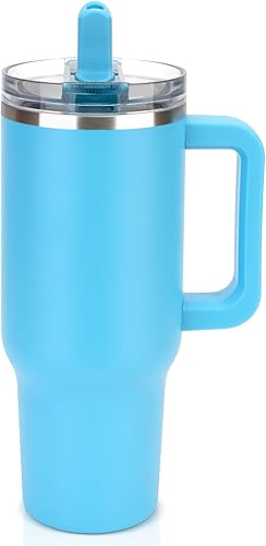 Sursip Vaso de 40 onzas con asa y popote abatible, tapa 100% a prueba de fugas, botella de agua aislada de acero inoxidable para bebidas frías, taza