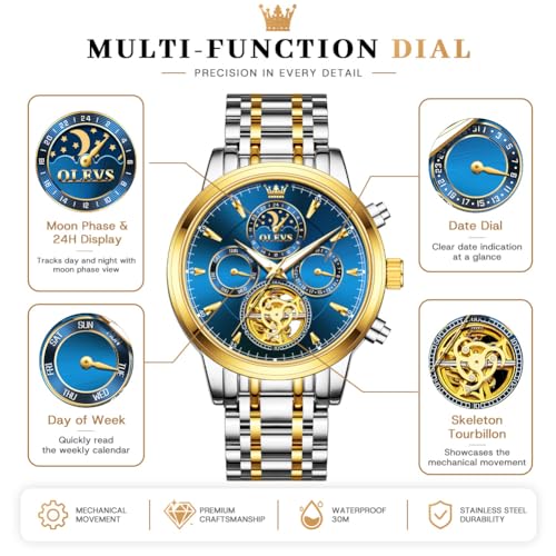 Image of OLEVS Men Automatic Skeleton Watch - Luxury Stainless Steel Calendar Moon Phase Mechanical Dress Wrist Watch with Luminous, Waterproof Self-Wind (Gold /Silver /Blue /Black)