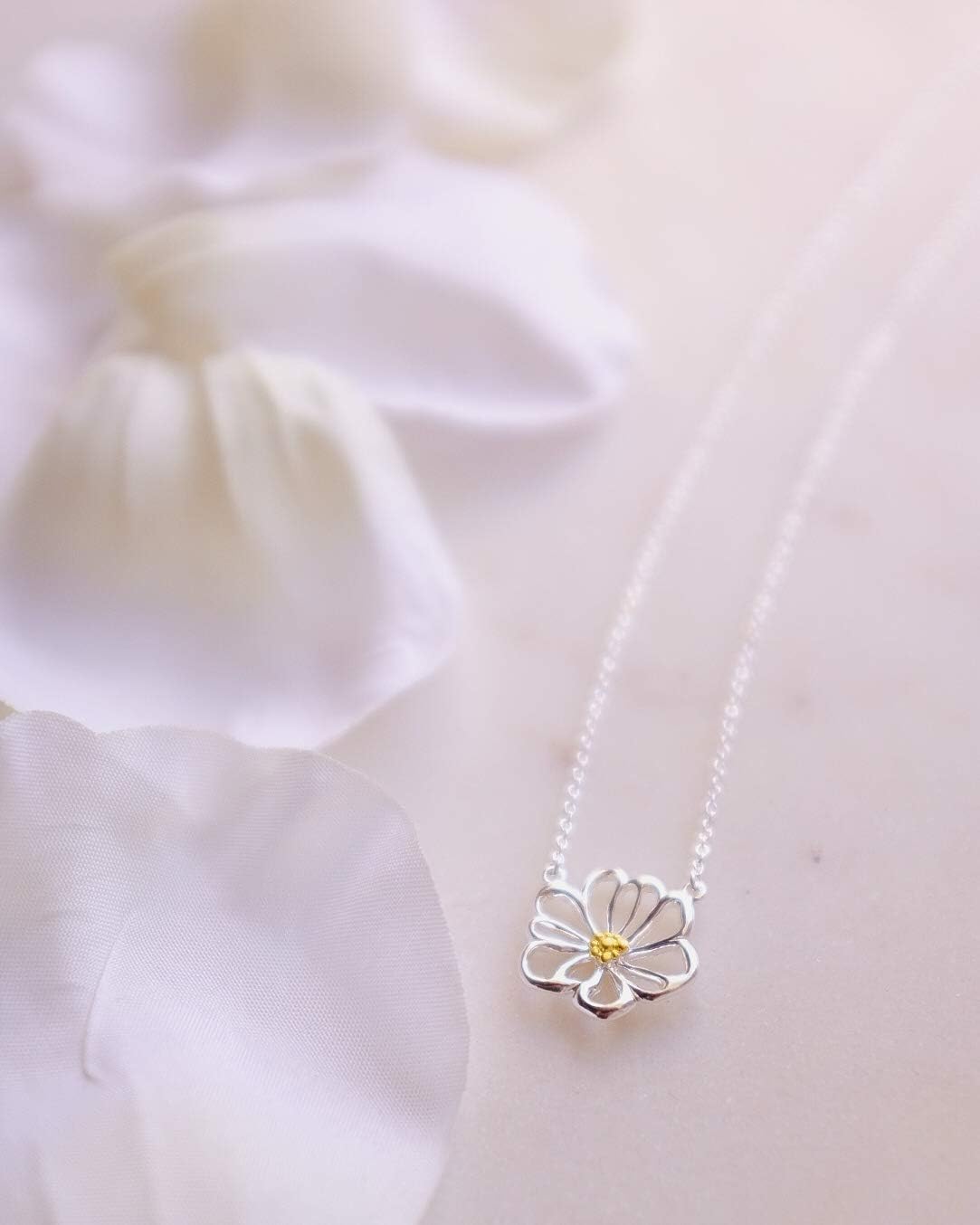 Boma Jewelry Sterling Silver Daisy Flower Necklace with 14K Gold Wash, 16 Inches