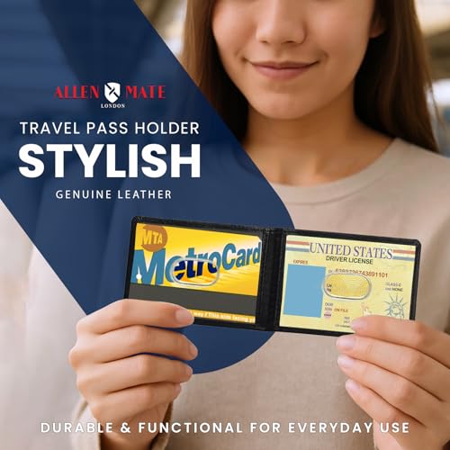 ALLEN & MATE 100% LEATHER Travel Pass Card Holder/Driving License, Metro, Ventra, Smart Card, Minimalist Wallet Credit Card Holder (Black Premium)2