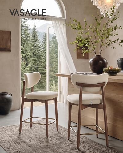Image of VASAGLE Wooden Bar Stools Set of 2, Linen-Look Fabric, Cappuccino Beige | Barstools with Solid Wood Legs, Ergonomic Backrest, Mid Century Modern, for Kitchen Island, Linen-Look Fabric