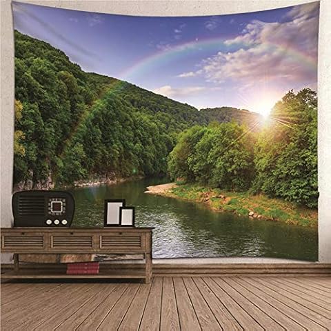 EHOMERY Wandteppich Für Badezimmer Wanddekoration Wohnzimmer Grün Naturthema Berg Und Regenbogen Wandbehang Küche Foto Wanddekoration Wandschmuck Groß Schlafzimmer 350X256Cm Cover
