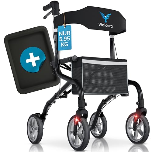 SuperLight Rollator – ultraleicht (5,95 kg) – Faltbar und leicht mit Sitz – ideal für Alltag & Reise – Gehhilfe für Senioren – Klappbar, Stockhalter, Walker, Rollatoren – Schwarz