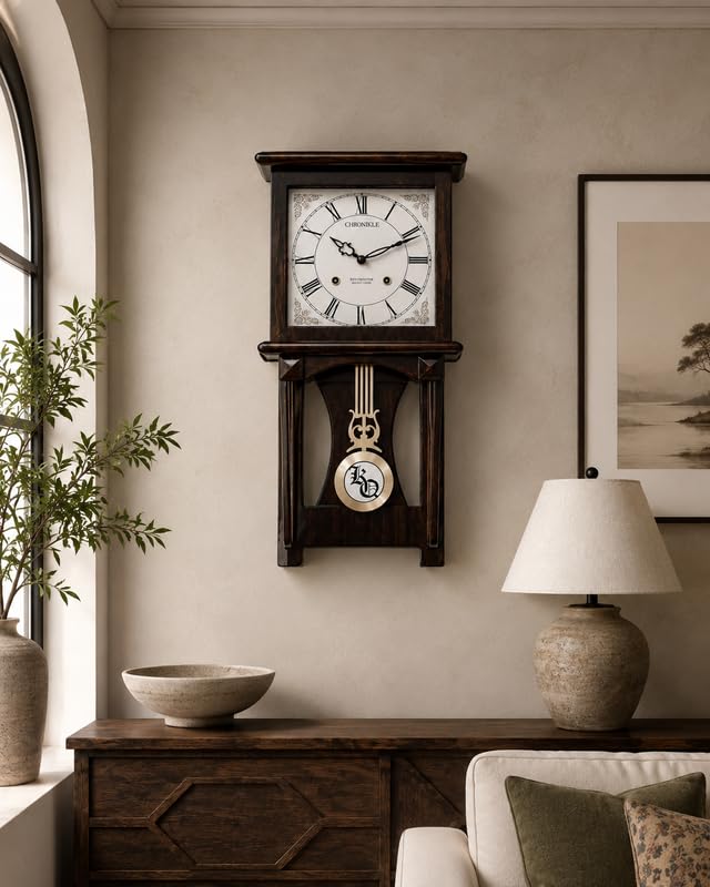 Image of Premium Wooden Pendulum Wall Clock with Musical Chime Sound, Roman Numeral White Dial, Silent Sweep Quartz Movement, Classic Rose Wood Finish, Battery Operated Decorative Wall Clock (22 x11x 3.5 Inch)