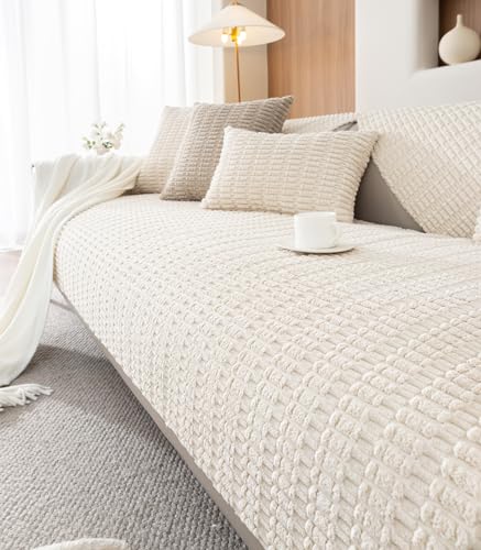 vctops Striped Corduroy Solid Couch Cover Sofa Covers Soft Cozy Sectional Couch Cover Washable Non Slip Sofa Slipcover Furniture Protector (Cream,36