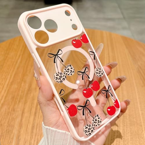Coque iPhone 17 Pro Max MagSafe antichoc translucide à motif nœud cerise rose