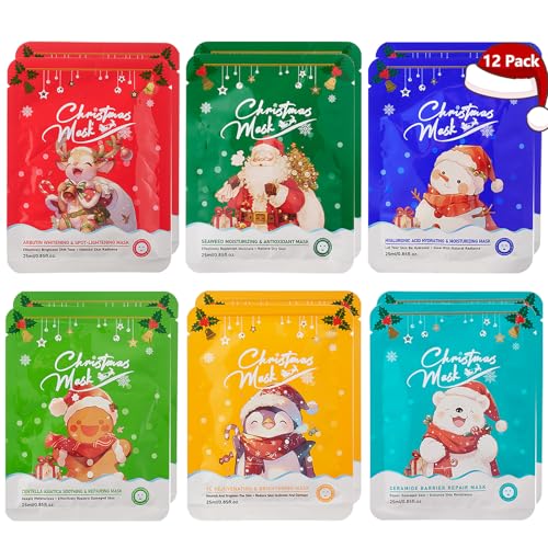 12 Pack Christmas Stocking Stuffers Facial Masks Moisturizing & Soothing Face Masks for Women Skin Care Hydrating Facial Mask for All Skin Types Christmas Birthday Party Spa Gifts for Teens Girls