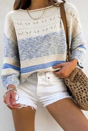 Women's Light Blue Open Stitch Puff Sleeve Sweater2