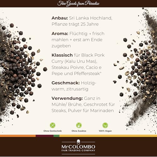 MrCOLOMBO Schwarzer Pfeffer ganz 250g – Premium Pfefferkörner aus Sri Lanka, Direktimport vom Erzeuger, naturrein – ideal für Pfeffermühle, zum Würzen, Marinieren und für asiatische Küche