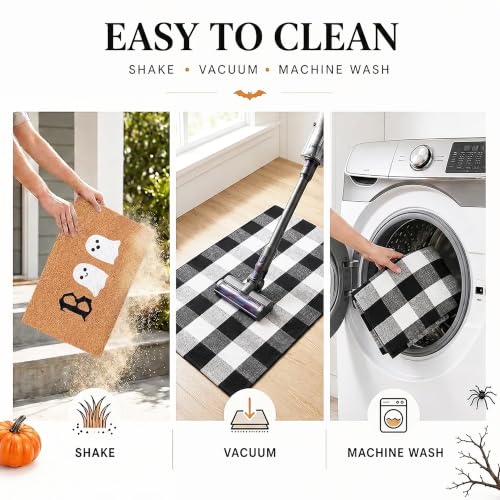 Halloween Door Mat Combo Set, Boo Ghost Coco Coir Welcome Doormat + 28" x 43" Black and White Plaid Rug, Autumn Halloween Front Porch Entryway Decor Floor Mat - image 5