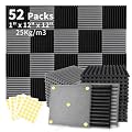Focusound 52 Pack Black GreyAcoustic Foam Panels 1" x 12" x 12" Sound Proof Foam Panles Soundproofing Noise Cancelling Wedge Panels for Home Office Recoding Studio with 300PCS Double-Side Adhesive