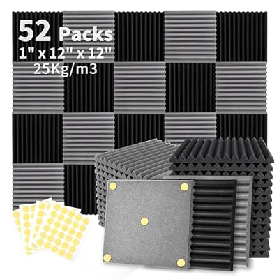 Focusound 52 Pack Black GreyAcoustic Foam Panels 1" x 12" x 12" Sound Proof Foam Panles Soundproofing Noise Cancelling Wedge Panels for Home Office Recoding Studio with 300PCS Double-Side Adhesive