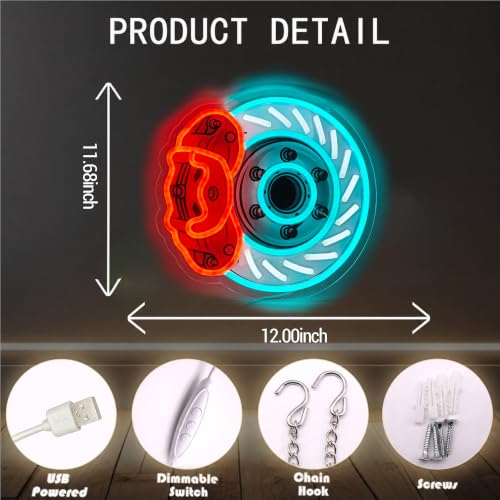 Image of Brake Disc Neon Sign, USB Powered LED Garage Wall Decor |Automotive Wall Decor for Garage, Game Room, Bedroom, Workshop, Party Decoration and Car Enthusiast Gift