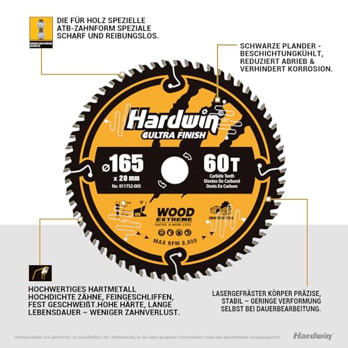 Hardwin HM Kreissägeblatt 165x20 mm (60 Zähne ATB) inkl. Reduzierring 20 auf 16 mm – Professionelles Sägeblatt für Holz, Hartholz, Sperrholz & MDF – Passend für Hand- & Tischkreissägen