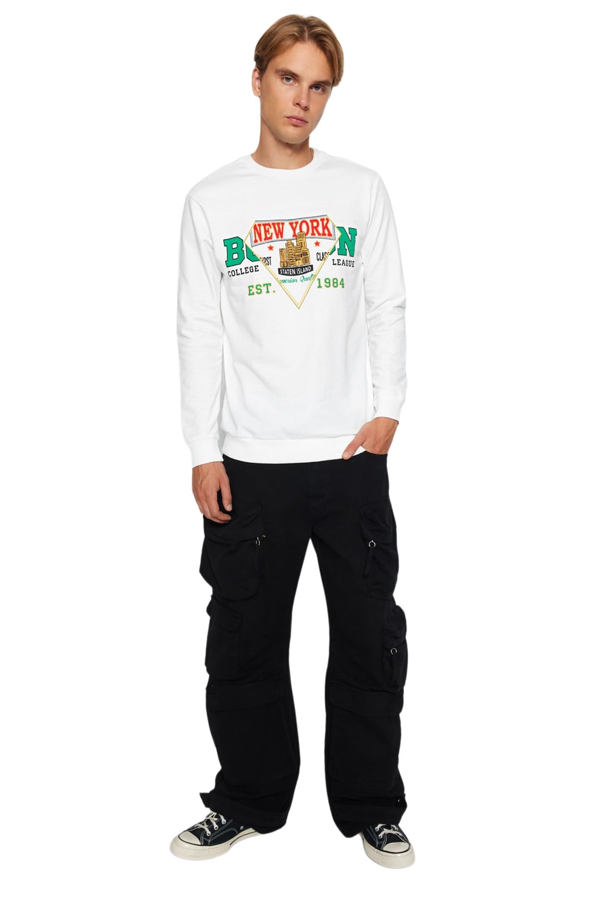Trendyol Man Young Regular fit Basic Crew neck Woven Sweatshirt Ecru