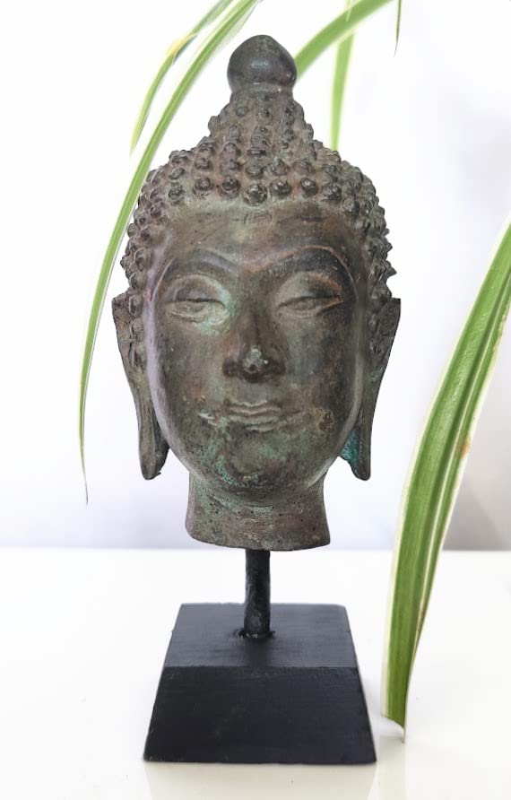 Tamara ARTEFACTS: Table Decor. Bronze Buddha Head Sculpture On a Wooden Base.