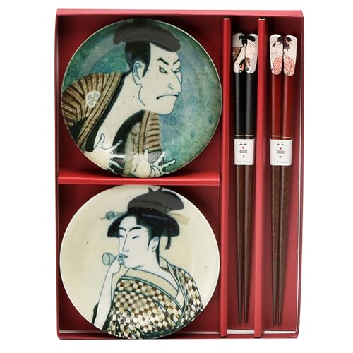 山勝美濃陶苑 「 Sharaku Utamaro 写楽・歌麿 Ukiyo-e 」 ペア 小皿 箸 木製ギフト箱入 食器セット 皿 径12×2cm 箸 23cm 浮世絵器行 役者絵 美人画 Art 美濃焼 日本製 HOK-8008B