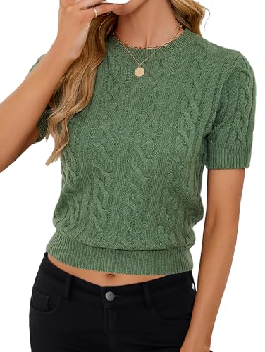 Image of Libsorge Womens Cropped Short Sleeve Sweater Fall 2025 Crewneck Sheer Knit Tops - Lightweight, Thin, Crop, Slim Fit