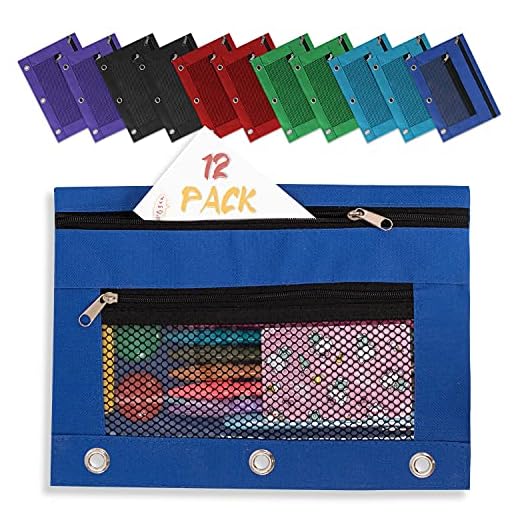 Board2by Binder Pencil Pouch 3 Ring, 12 Pack Clear Mesh Pencil Case with Zipper for Kids, Nylon Pencil Bags Bulk with Double Pocket for Storing School Supplies, Writing Utensils, 6 Colors