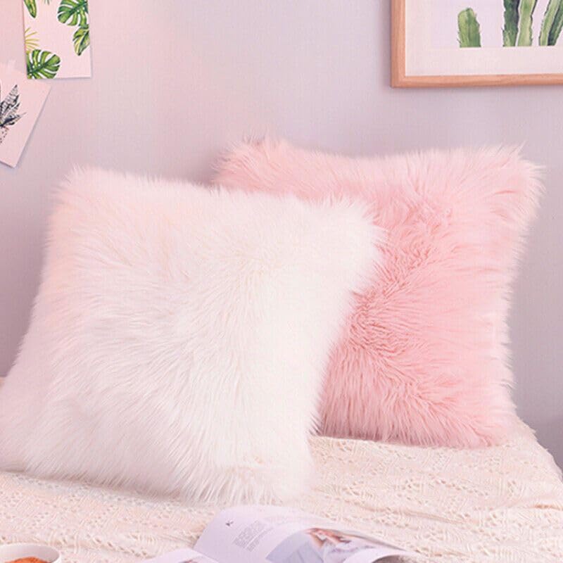 Faux Fur Throw Pillow Cover, Red, Soft Plush Shaggy, 40x40 cm/16x16 Inches, Decorative Cushion Case (Baby Pink White)-image-49