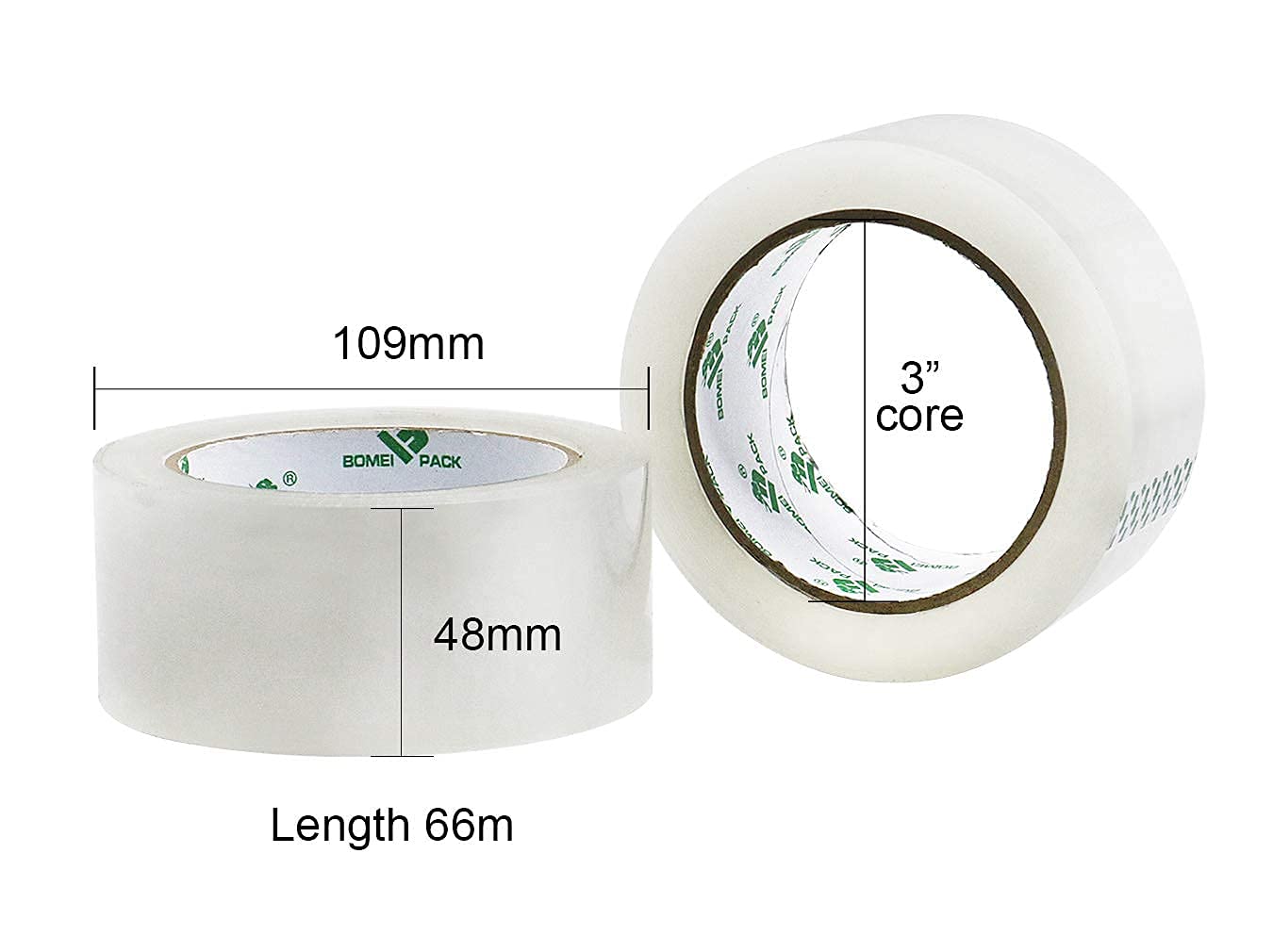 BOMEI PACK 12 Rollos Silencioso Cinta Embalar Adhesiva 48MMx 66M, para Cajas y Paquetes, 60micron Silencioso Cinta Adhesiva con dispensador