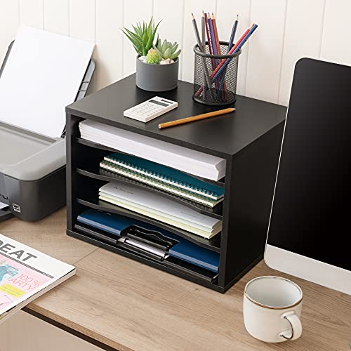Fitueyes Wood Desk Paper Organizer With 4 Tiers Storage, Desktop File Holder, Document Letter Sorter Tray With Adjustable Shelves, Home Office Wooden Mail Rack, Black #TOP1