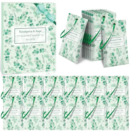 Scent-Hi Sobres Perfumadas, Salvia Eucalipto Perfumados, per Fumadas para Baños Coches Cajones y Armarios, Set de 14 Bolsitas