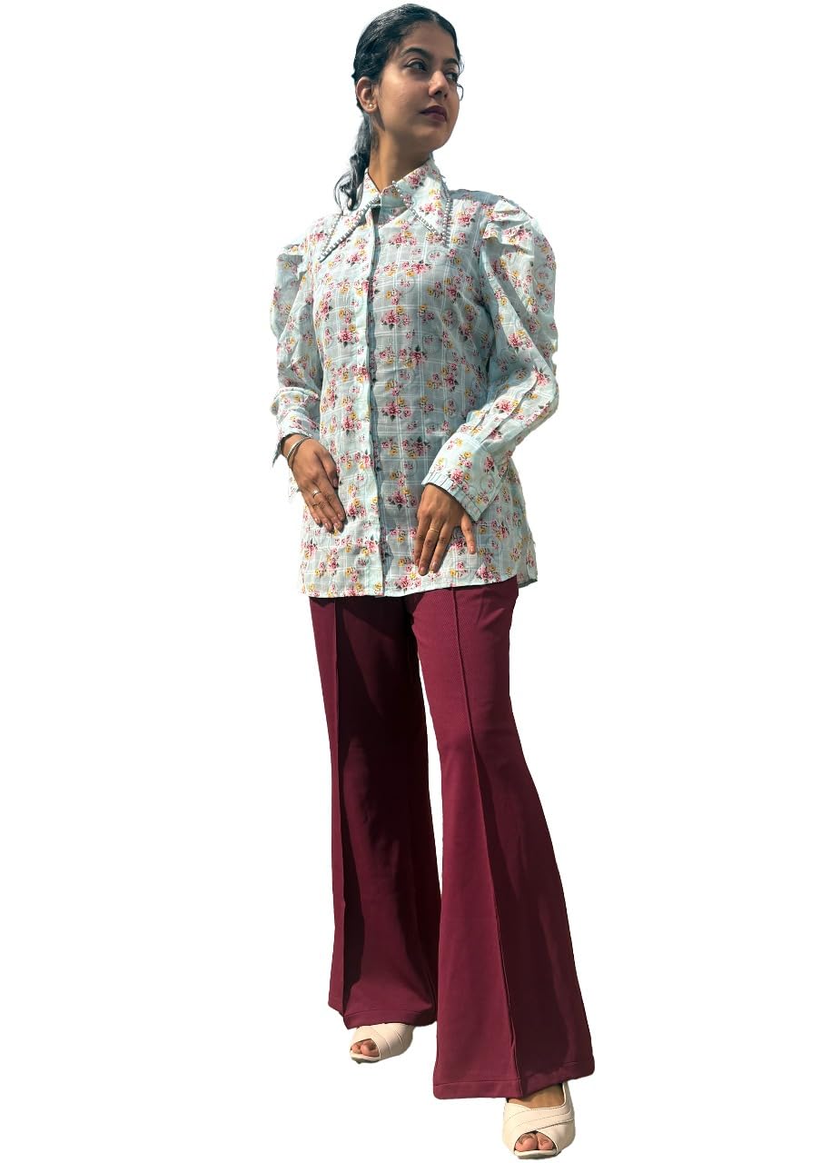 The Perky ARREY Wine Floral Print 3-Piece Crepe Co-ord Set | Pearl-Embellished Collar Shirt with Adjustable Knot Stretchable Bell-Bottom Pant & Top with Pocket | Elegant Trendy Ensemble-picture-50